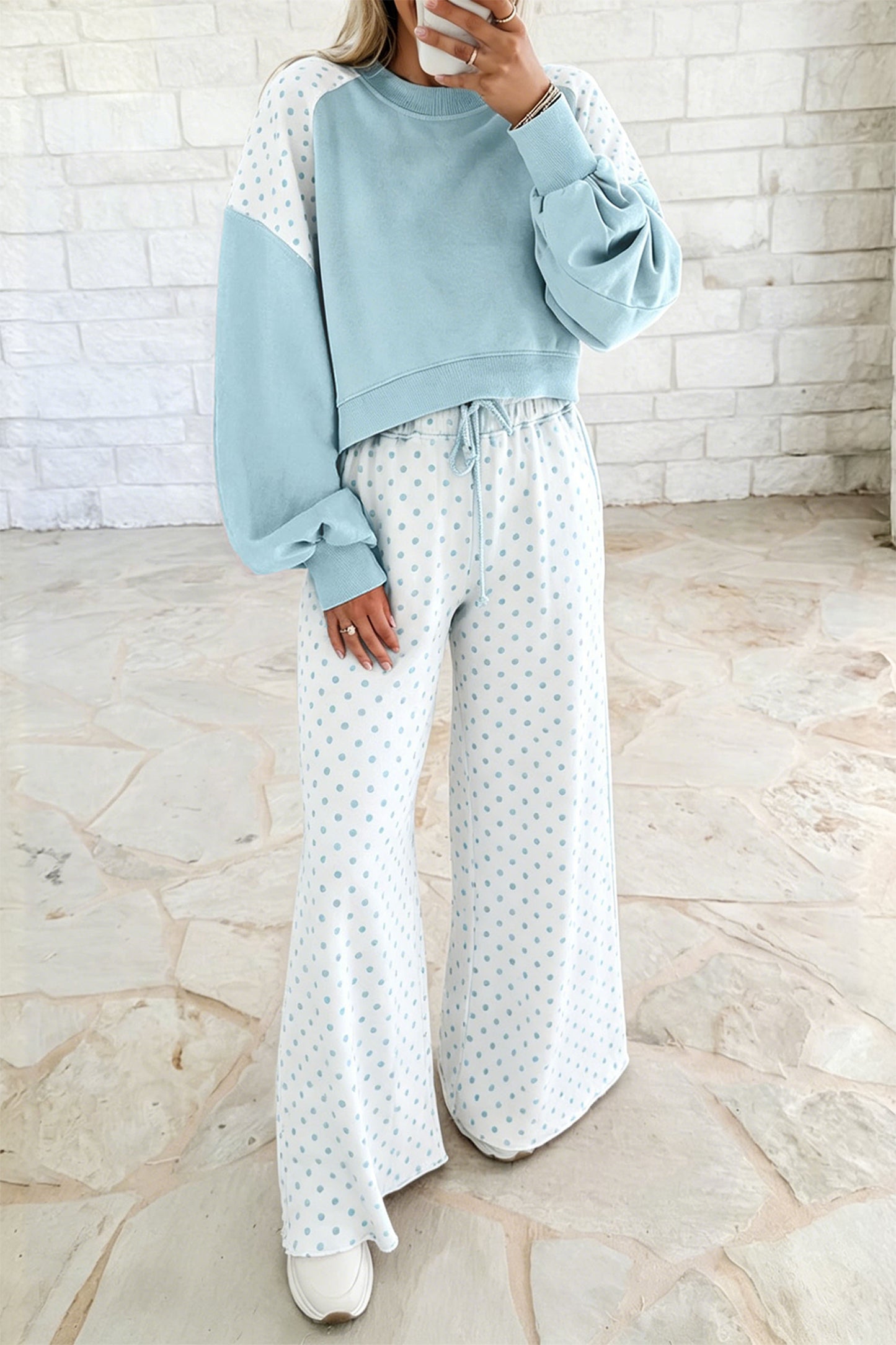 Khaki Polka Dot Patchwork Colorblock Long Sleeve Casual Two Piece Pants Set