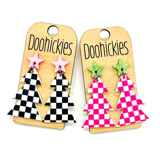 Checkered Layered Tree Collection - Christmas Acrylic Earrings