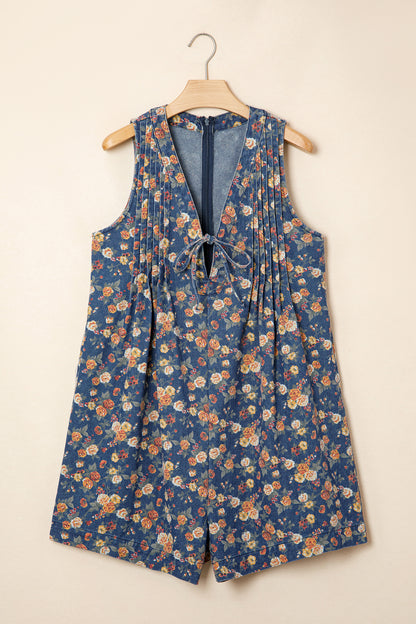Blue Retro Floral Print Bow Tie V Neck Sleeveless Pleated Loose Denim Romper