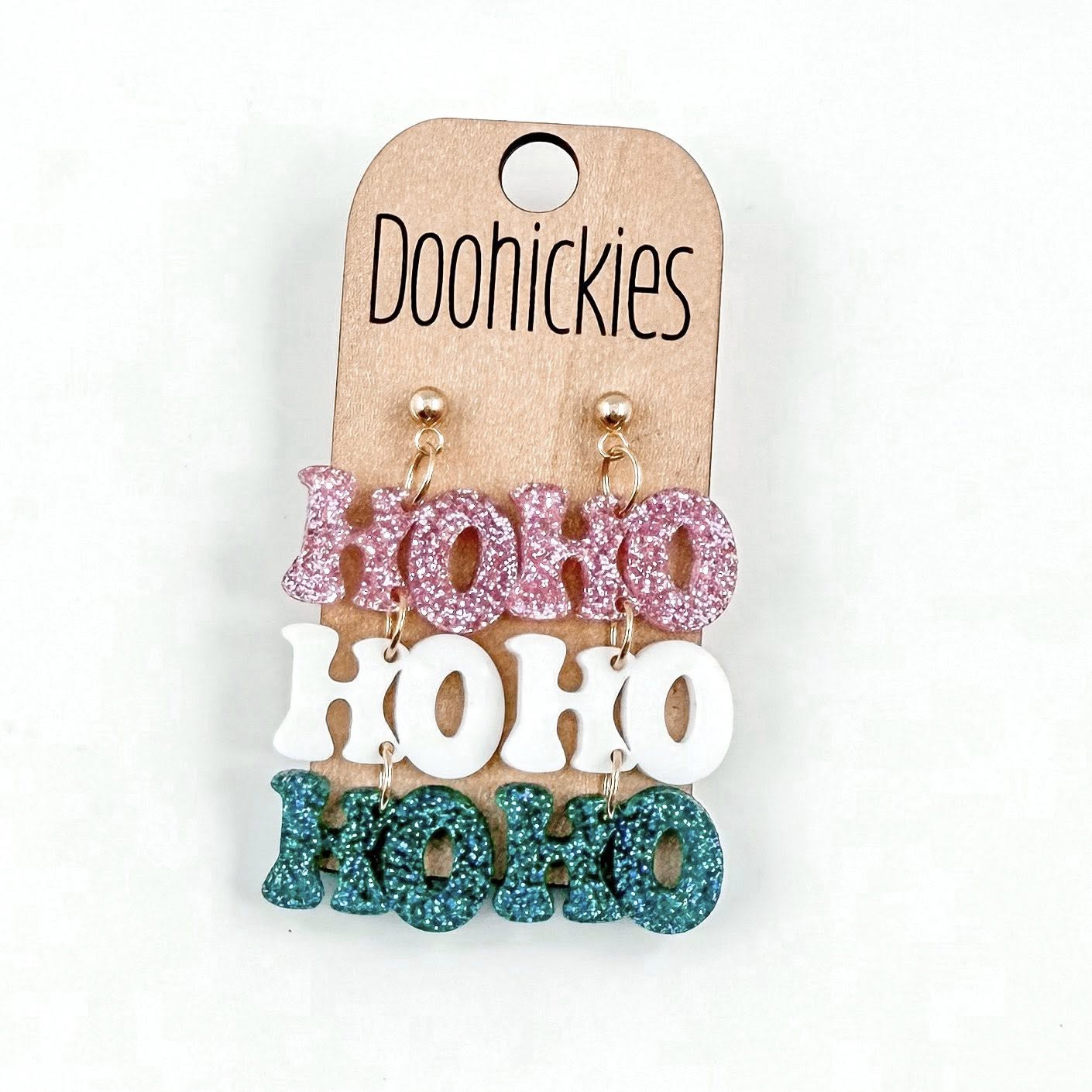 Pink/White/Teal HoHoHo Glitter Dangles - Christmas Acrylic Earrings