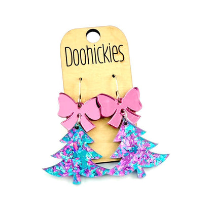 Unicorn Chunky Glitter Festive Tree w/ Pink Mirror Bow Earrings - Christmas Acrylic Earrings