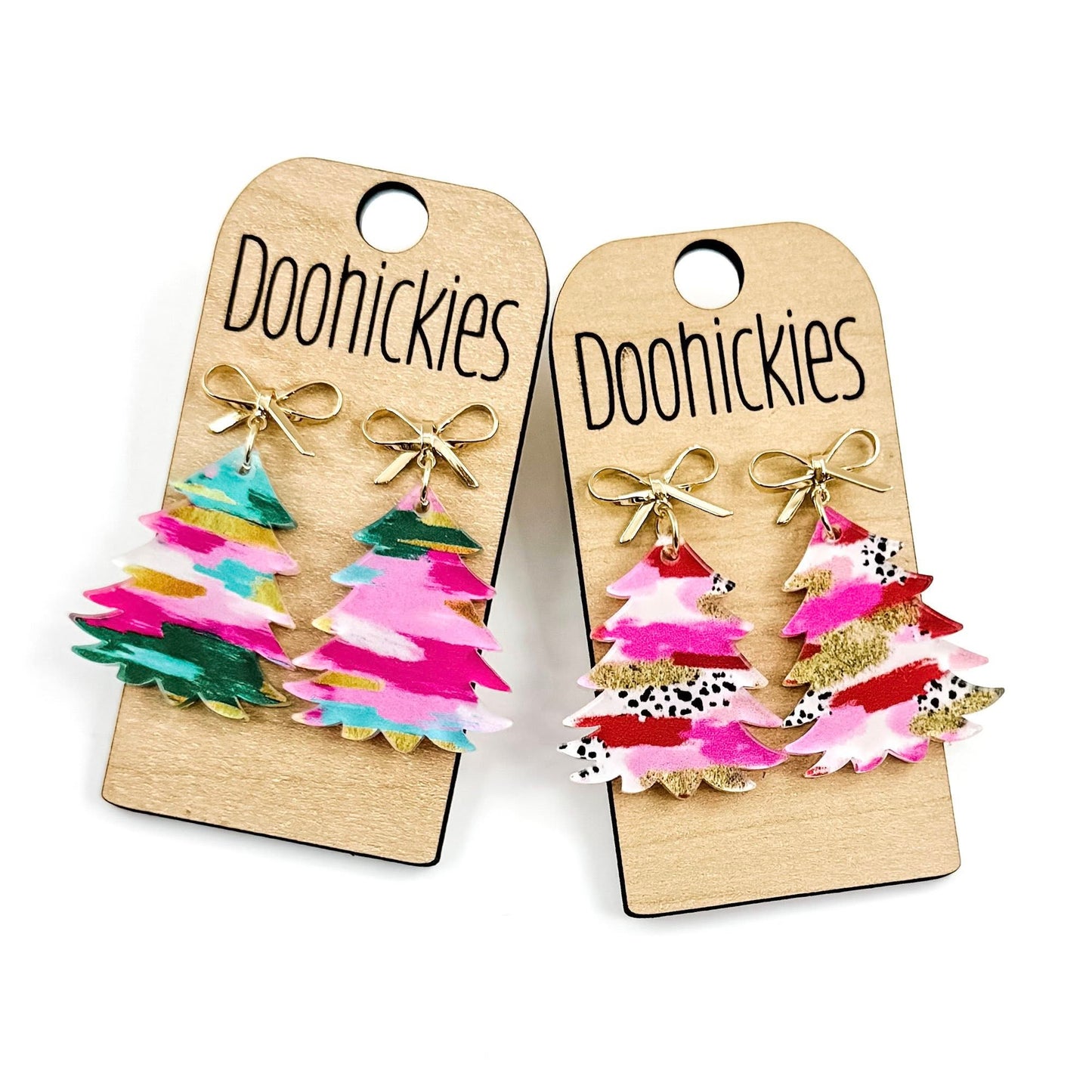 Bright Strokes Festive Tree w/ Gold Bow Earrings - Christmas Acrylic Earrings