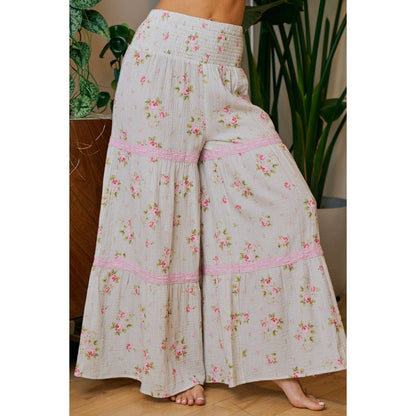 BIBI ROSE PRINTED GAUZE TRIM DETAIL SMOCKED MAXI PANTS