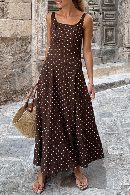 Brown Polka Dot Print Square Neck Sleeveless Vacation Long Dress