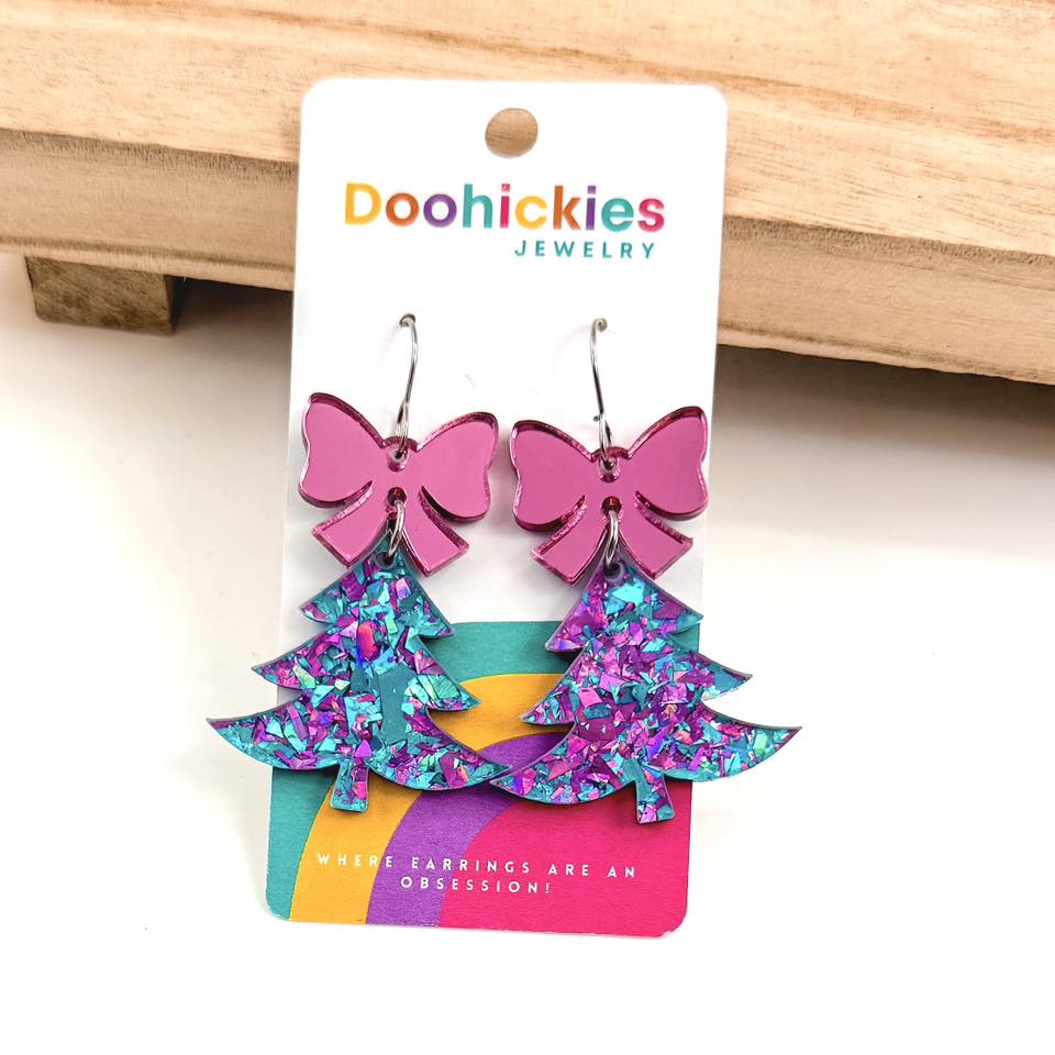 Unicorn Chunky Glitter Festive Tree w/ Pink Mirror Bow Earrings - Christmas Acrylic Earrings