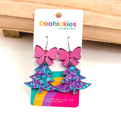 Unicorn Chunky Glitter Festive Tree w/ Pink Mirror Bow Earrings - Christmas Acrylic Earrings
