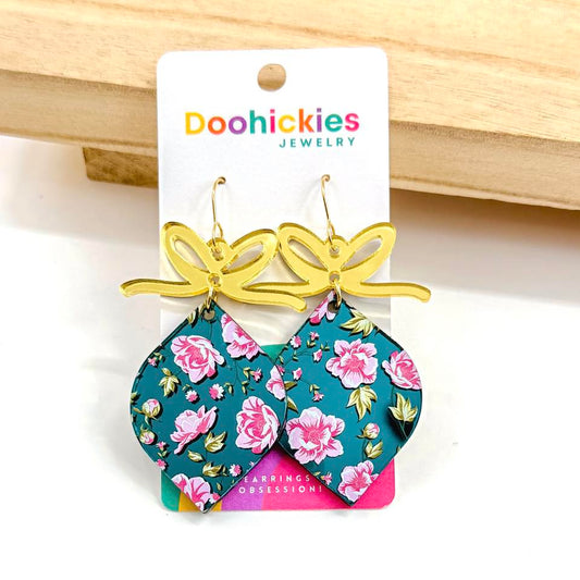 Teal Floral Christmas Ornaments Earrings