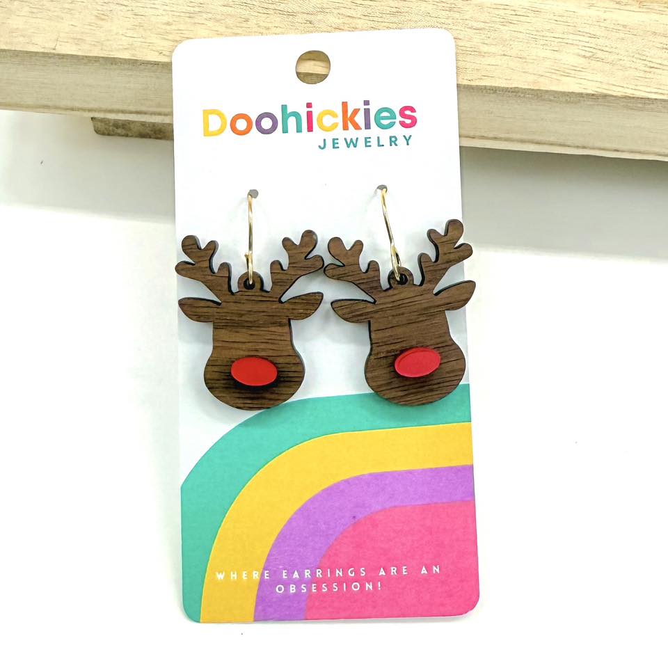 Wood Reindeer with Red Metallic Nose Christmas Earrings