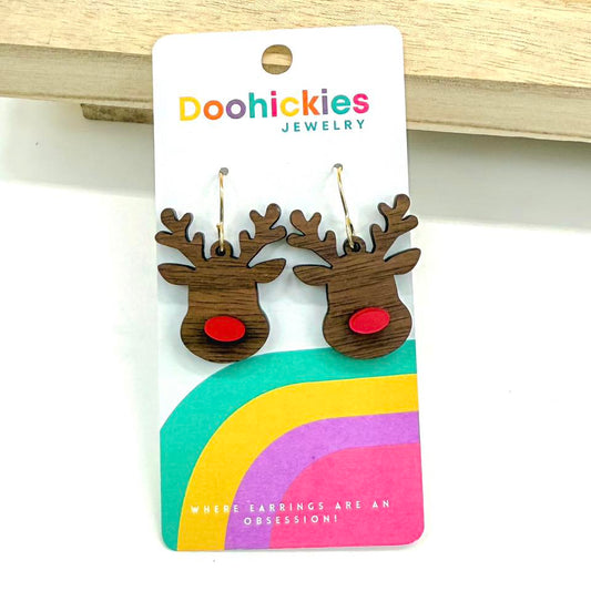 Wood Reindeer with Red Metallic Nose Christmas Earrings