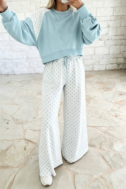 Khaki Polka Dot Patchwork Colorblock Long Sleeve Casual Two Piece Pants Set