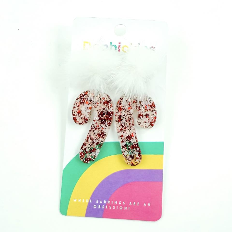 White Pom Pom Candy Cane Christmas Acrylic Earrings