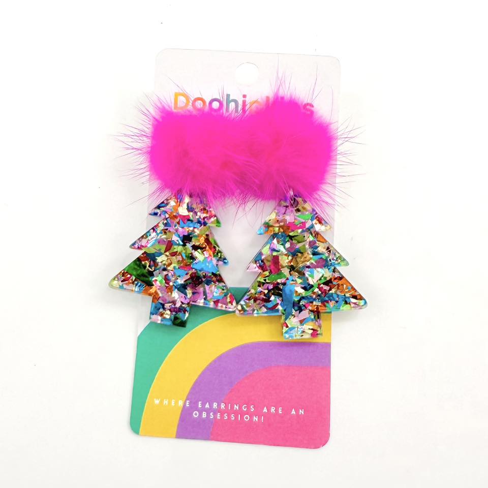 Pom Pom Chunky Glitter Christmas Trees Acrylic Earrings