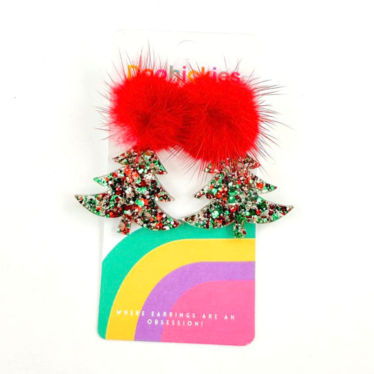 Red Pom Pom Christmas Glitter Swoopy Tree Acrylic Earrings