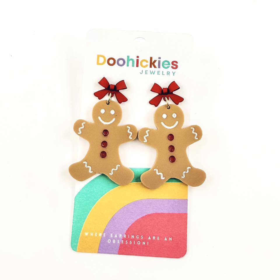 New Red Bow and Gingerbread Christmas Acrylic Earrings