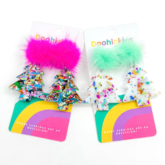 Pom Pom Chunky Glitter Christmas Trees Acrylic Earrings