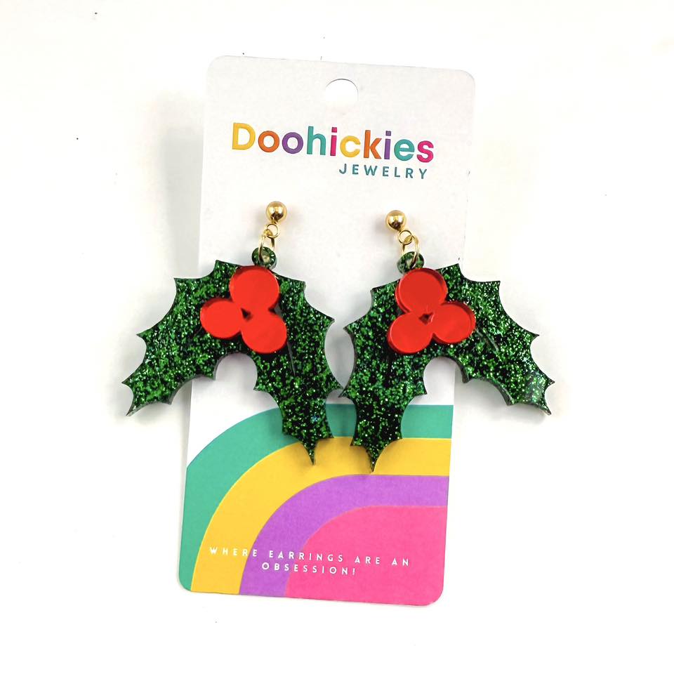 Traditional Holly Leaf Christmas Dangle Acrylic Earrings