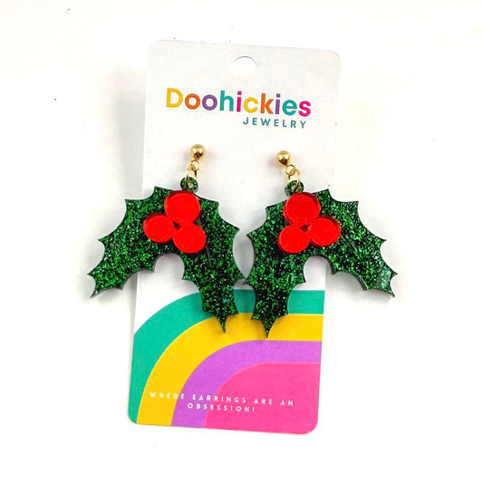 Traditional Holly Leaf Christmas Dangle Acrylic Earrings