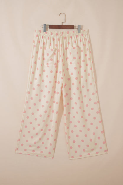 White Polka Dot Print Patched Pocket Mid-rise Straight Leg Pants