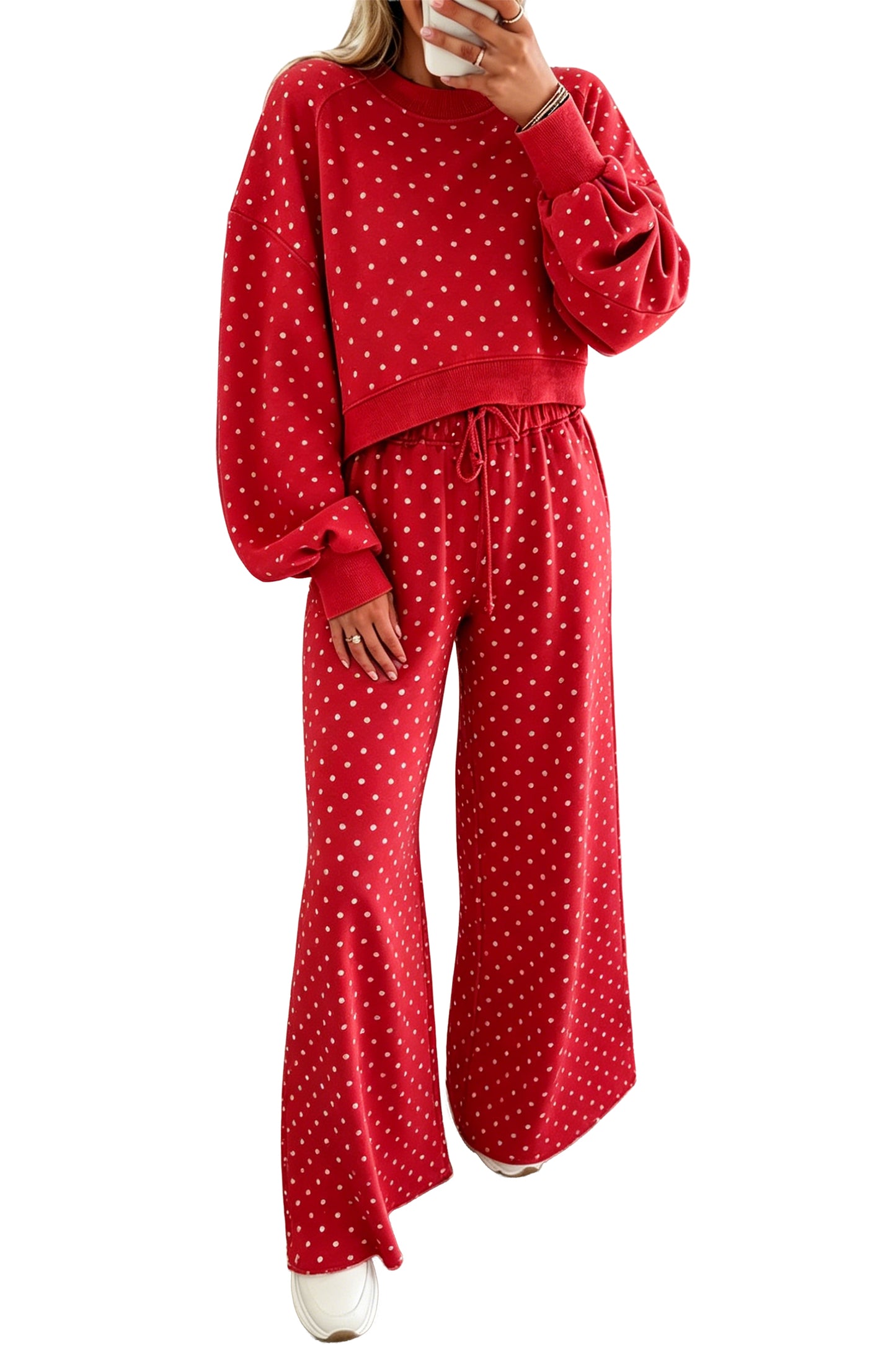 Brown Polka Dot Drawstring Wide Leg Long Sleeve Top Pant Set