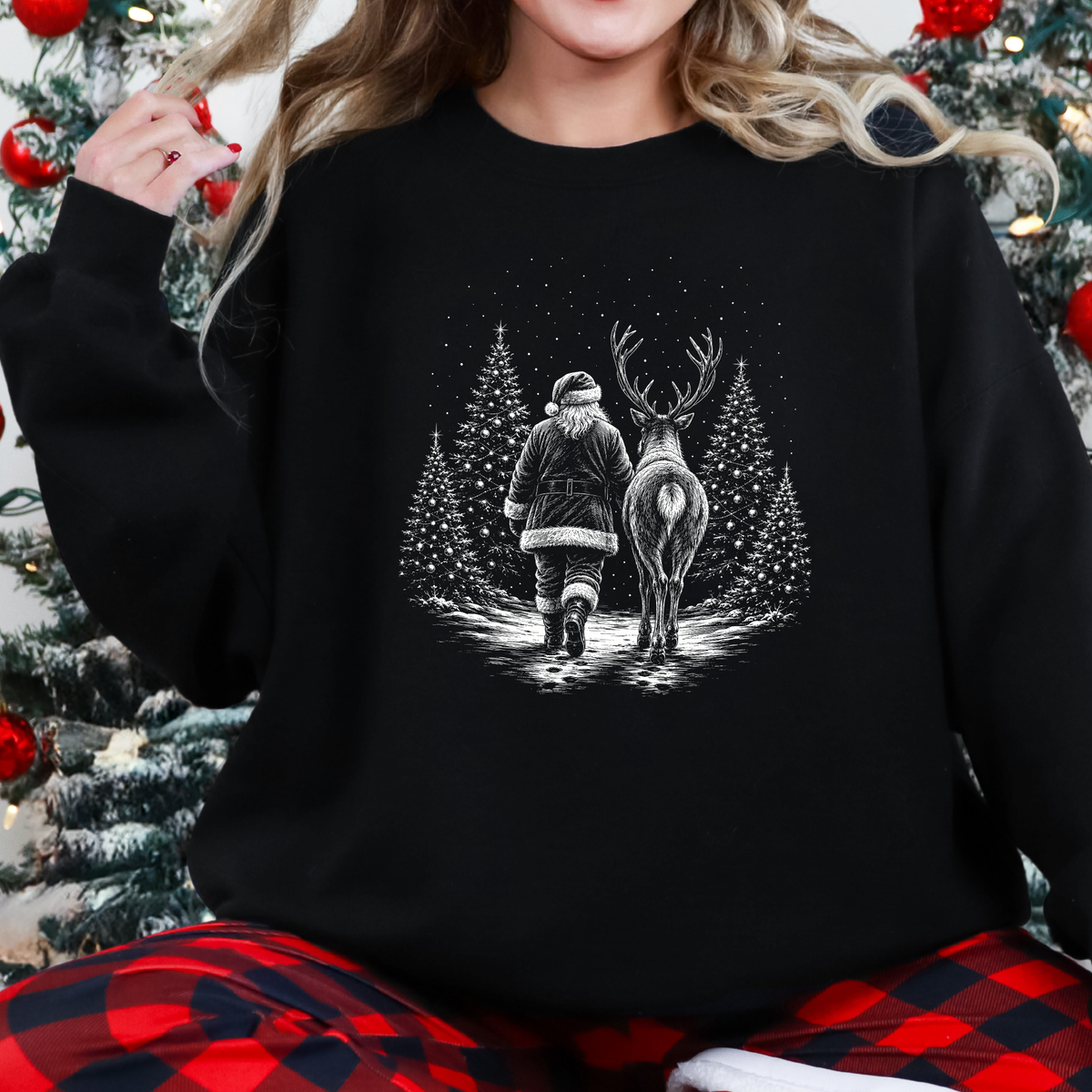 Wholesale Retro Christmas Santa Reindeer Graphic Sweatshirt - Black