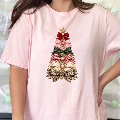 Wholesale Christmas Bow Tree Graphic Tee - Soft Pink