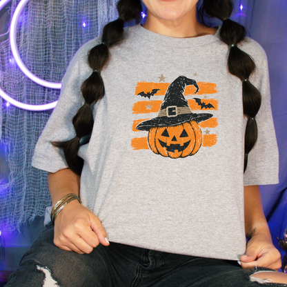 Wholesale Striped Vintage Halloween Pumpkin Graphic Tee - Grey