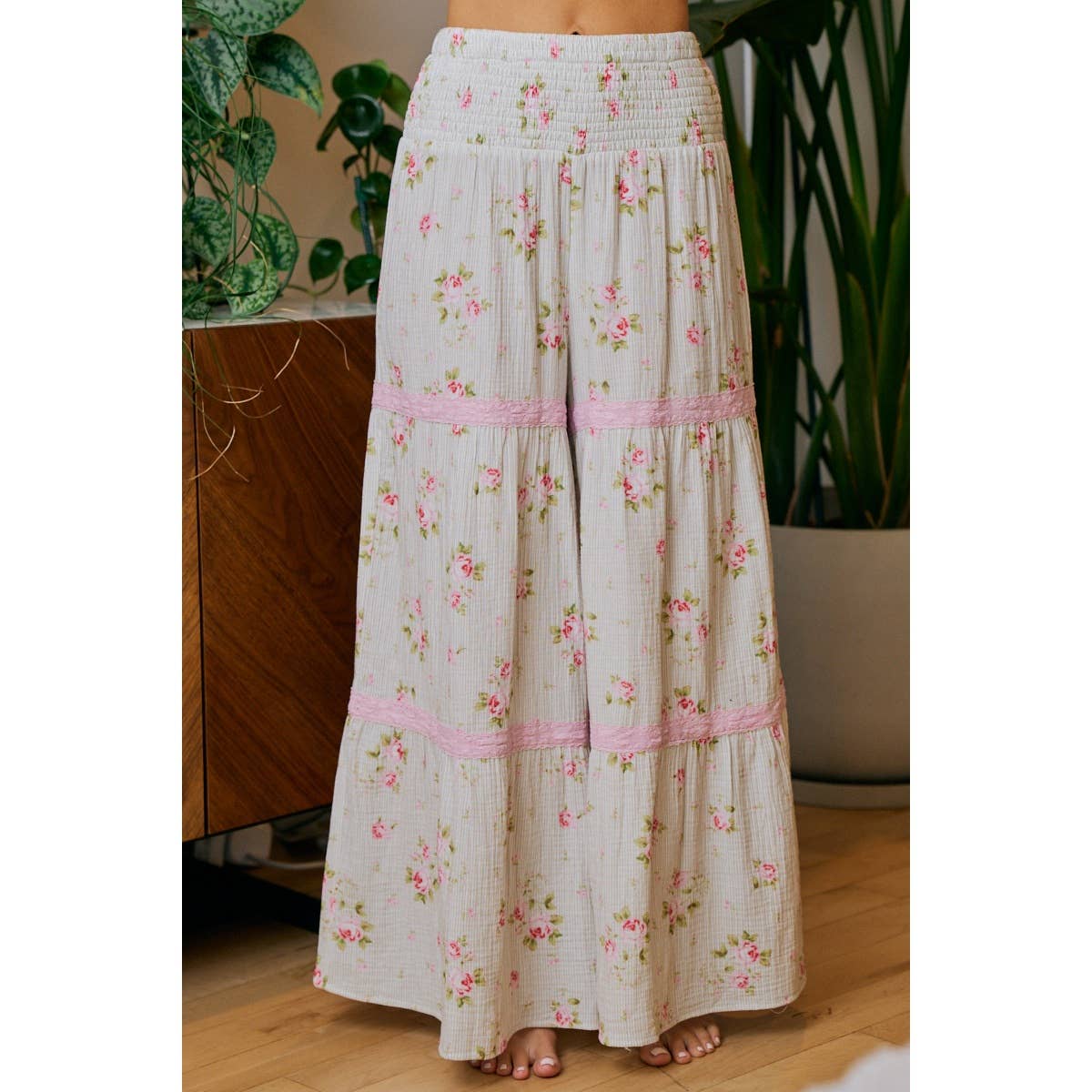BIBI ROSE PRINTED GAUZE TRIM DETAIL SMOCKED MAXI PANTS