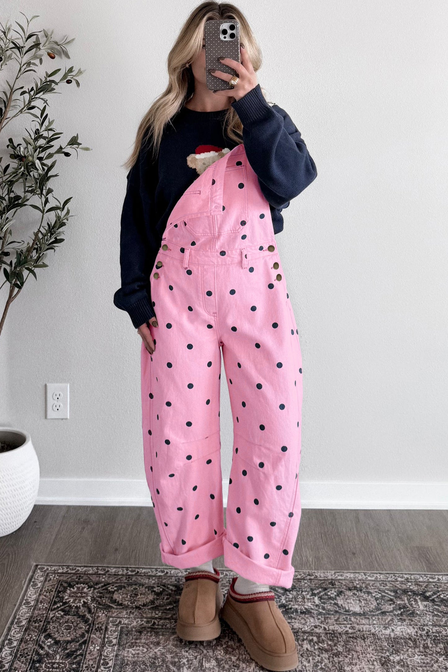 Phalaenopsis Polka Dot Print Bib Pocket Denim Barrel Overalls Jumpsuit