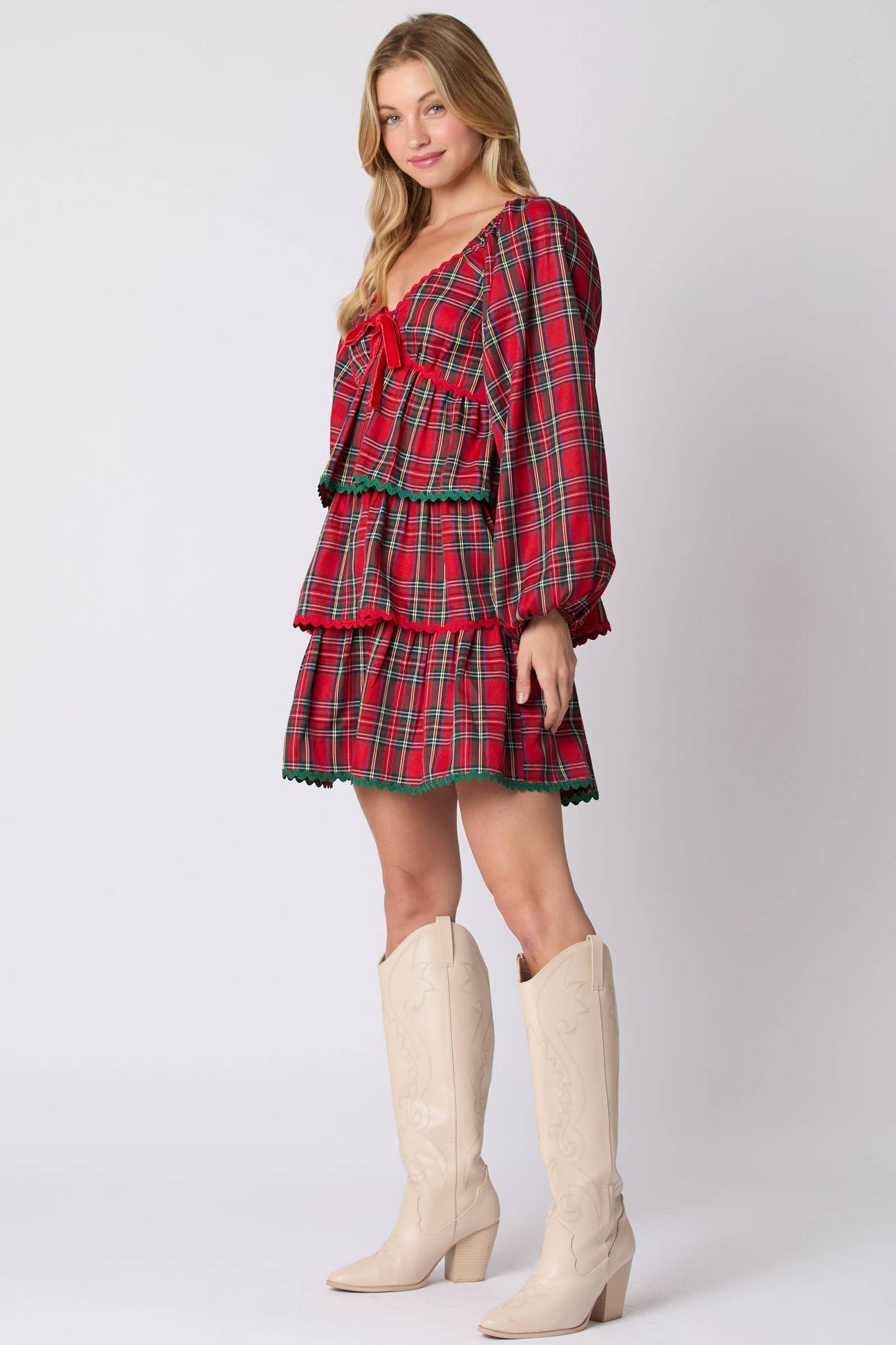 Christmas Plaid Long Sleeve Tiered Dress