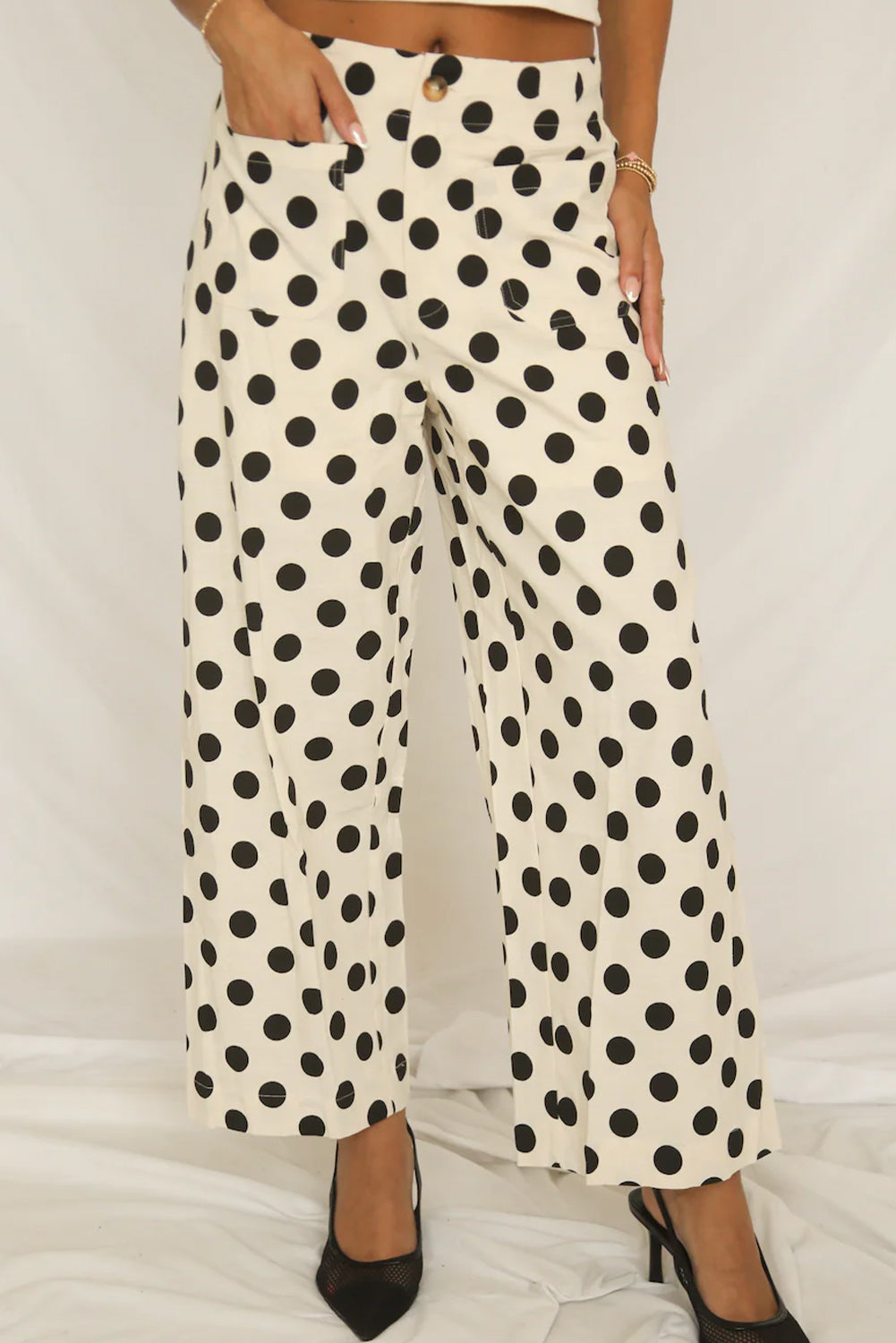 White Polka Dot Print Patched Pocket Mid-rise Straight Leg Pants