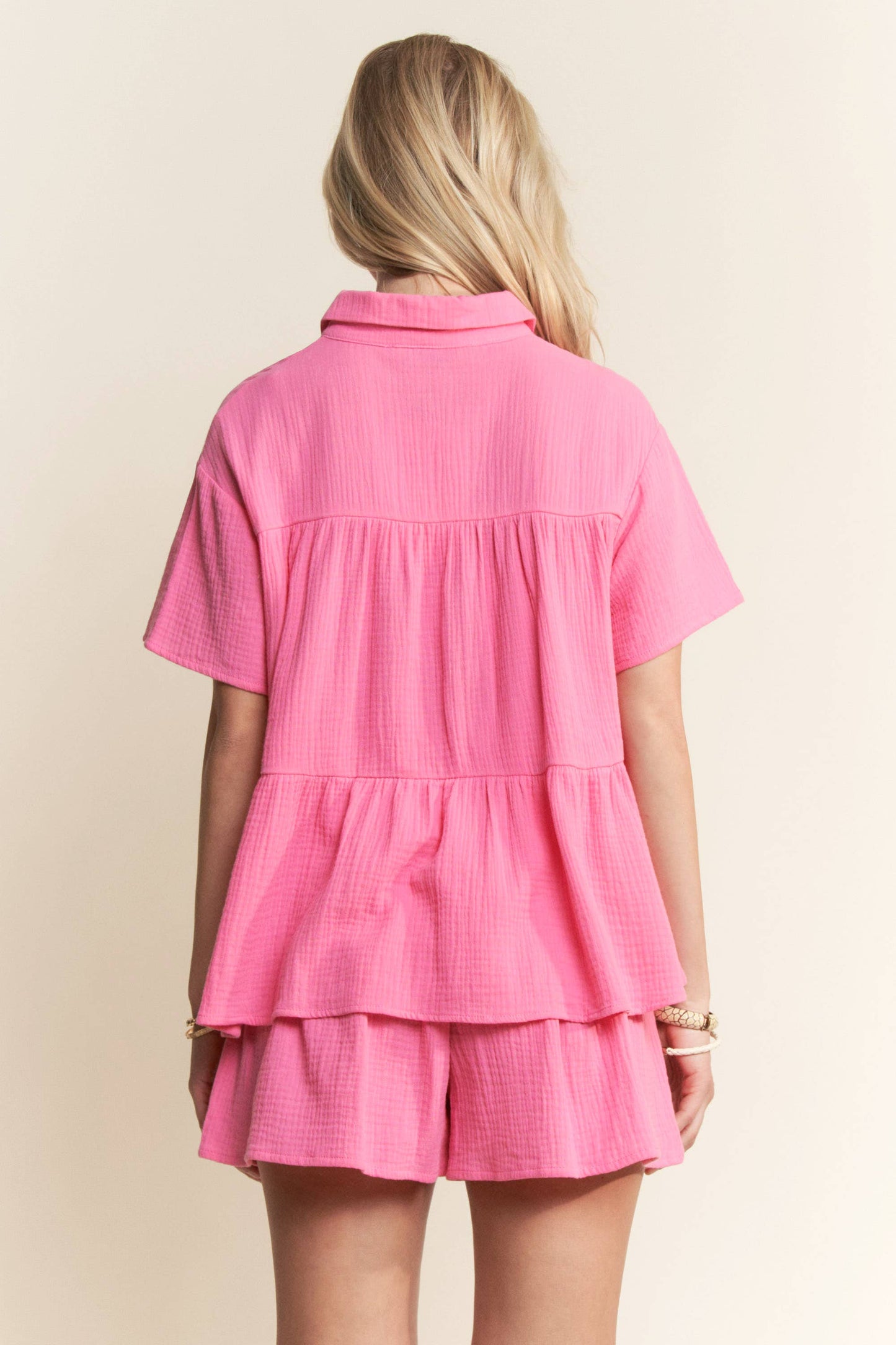 PINK GAUZE WOVEN SET TOP BUTTONDOWN WOVEN TIERED PANTS
