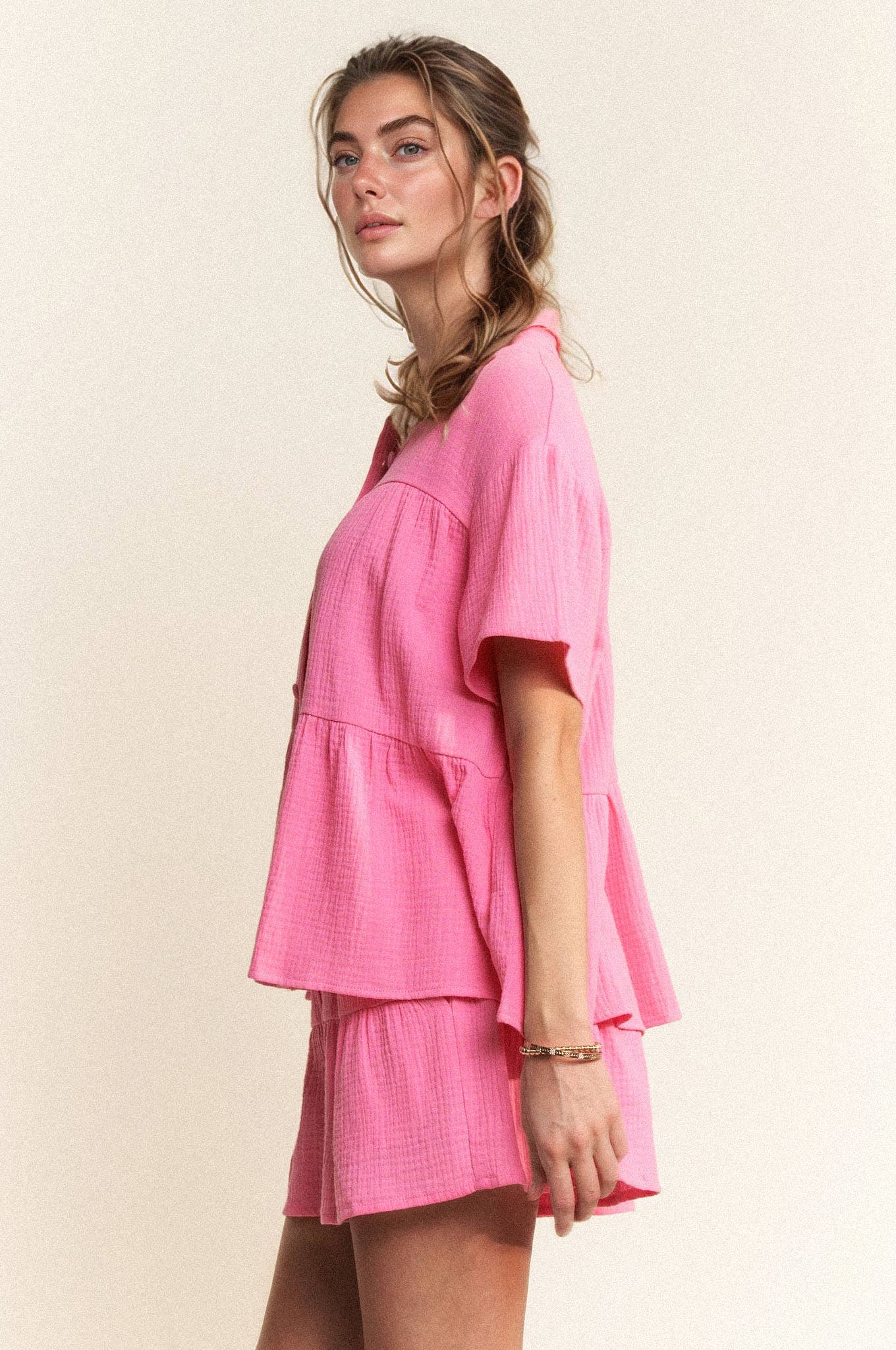 PINK GAUZE WOVEN SET TOP BUTTONDOWN WOVEN TIERED PANTS