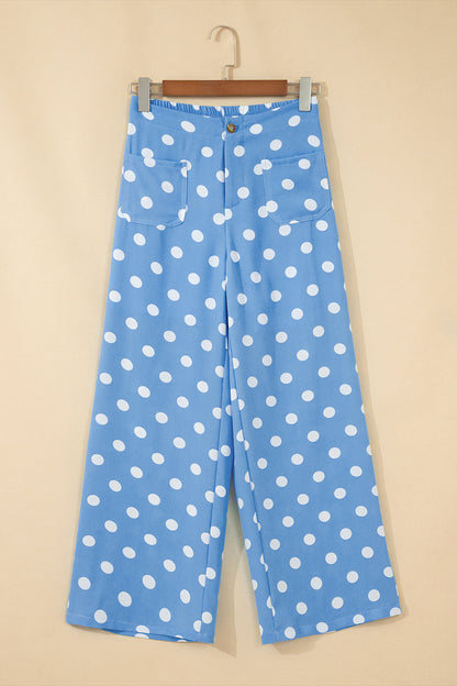 White Polka Dot Print Patched Pocket Mid-rise Straight Leg Pants