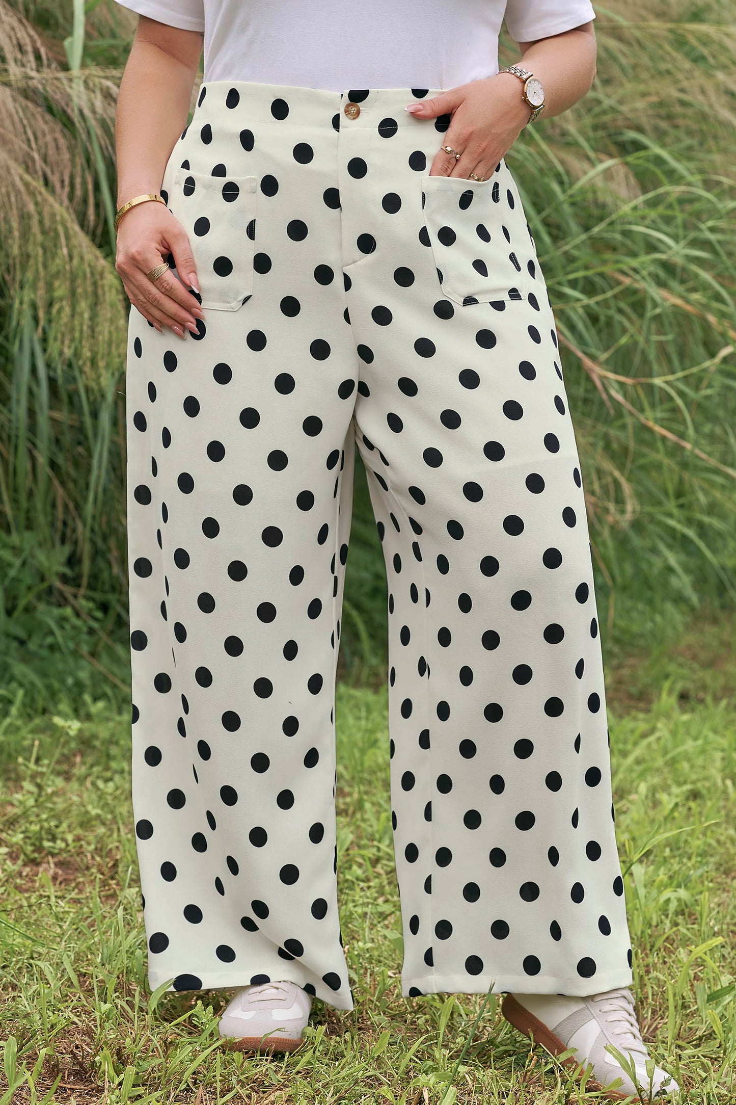 White Plus Size Polka Dot Print Patch Pocket Womens Shift Pants