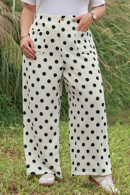White Plus Size Polka Dot Print Patch Pocket Womens Shift Pants