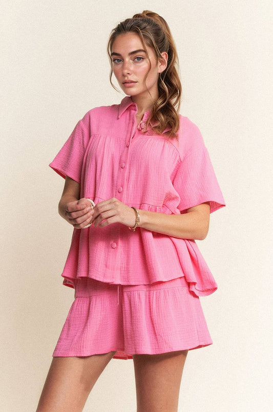 PINK GAUZE WOVEN SET TOP BUTTONDOWN WOVEN TIERED PANTS
