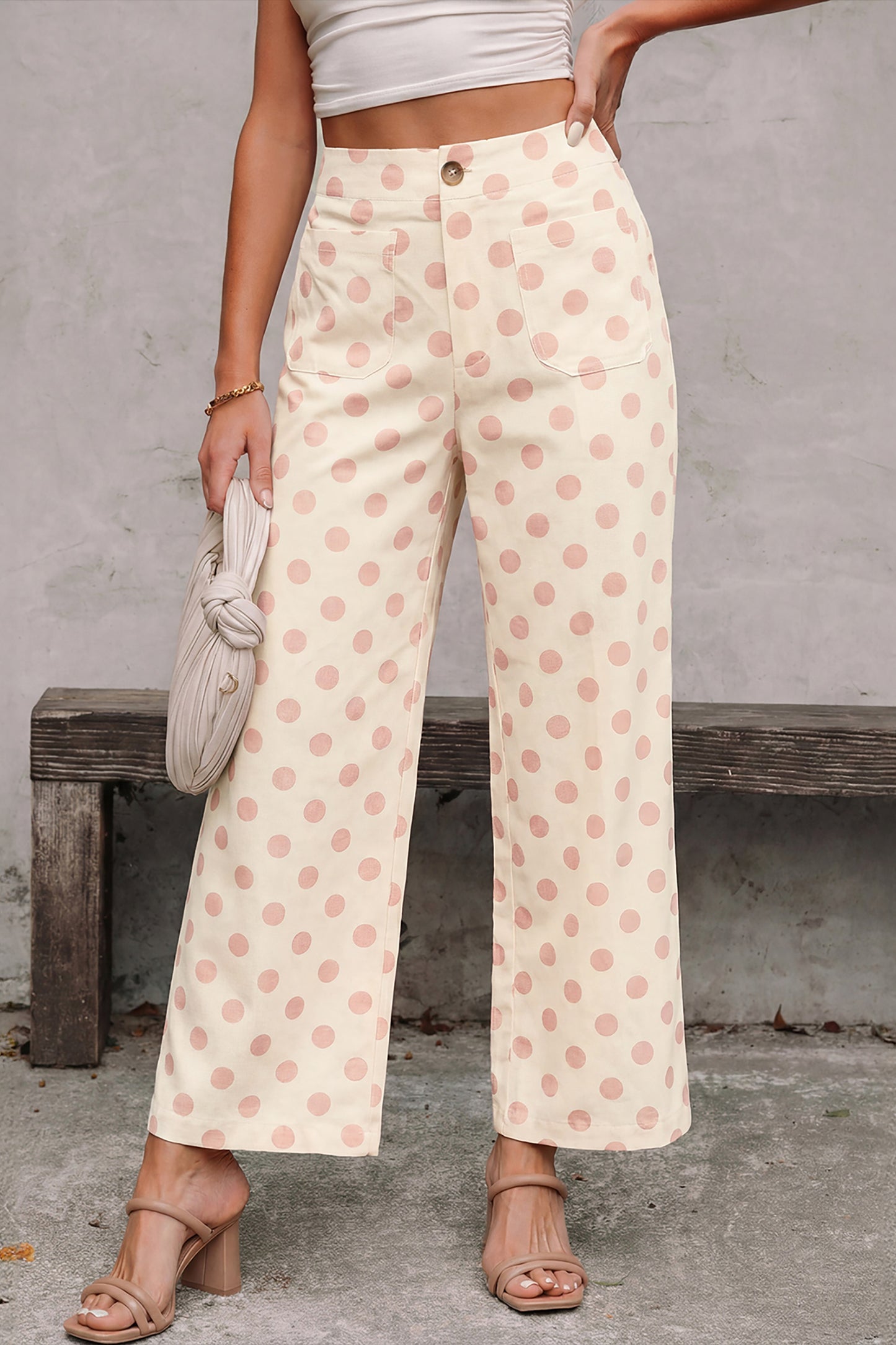 White Polka Dot Print Patched Pocket Mid-rise Straight Leg Pants