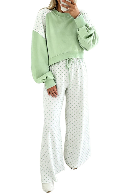 Khaki Polka Dot Patchwork Colorblock Long Sleeve Casual Two Piece Pants Set
