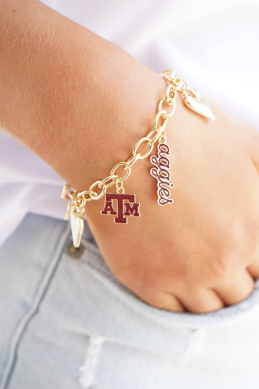 Texas A&M Aggies Enamel Icons Charm Bracelet in Shiny Gold