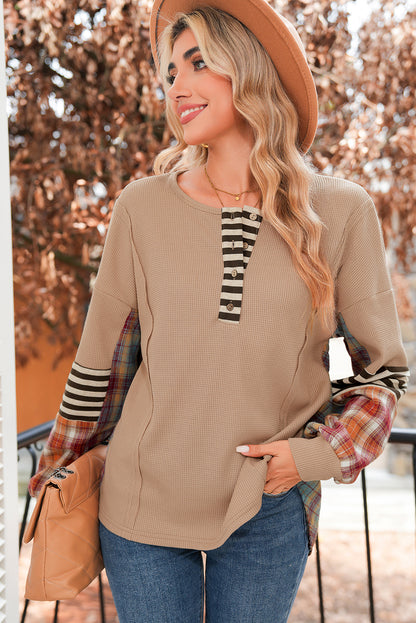 Beige Waffle Stripe Plaid Patchwork Henley Top