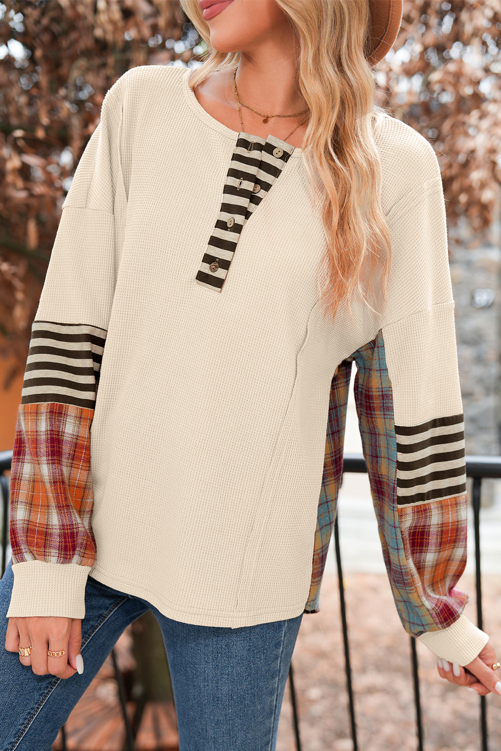 Beige Waffle Stripe Plaid Patchwork Henley Top