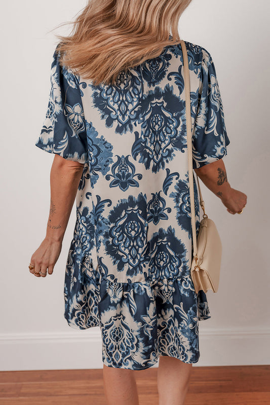 Blue Boho Floral Mini Dress RTS