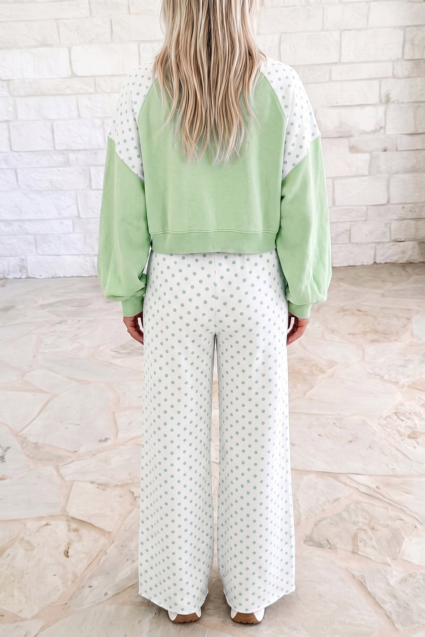 Khaki Polka Dot Patchwork Colorblock Long Sleeve Casual Two Piece Pants Set