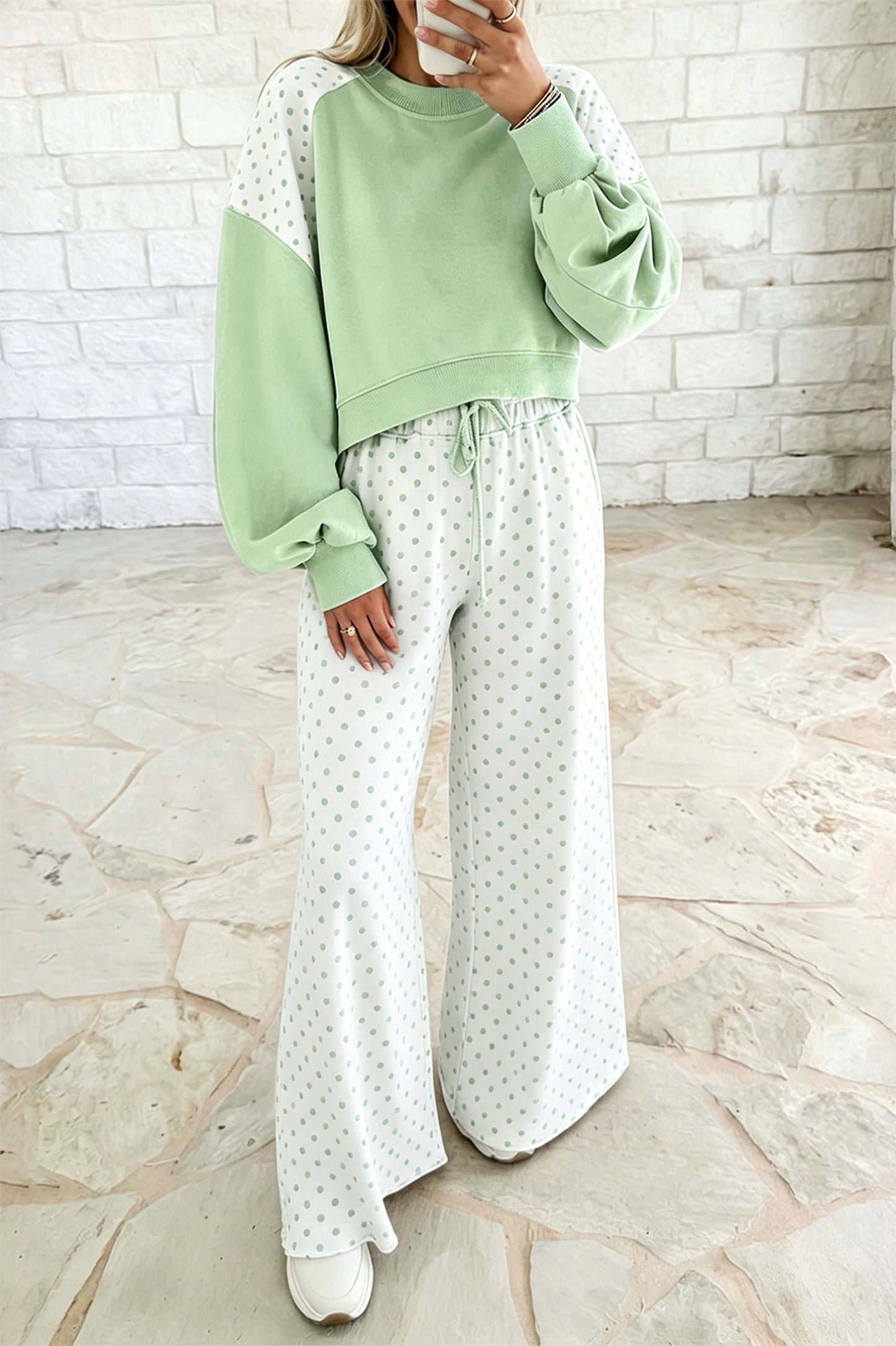 Khaki Polka Dot Patchwork Colorblock Long Sleeve Casual Two Piece Pants Set