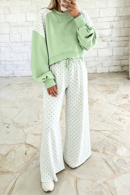 Khaki Polka Dot Patchwork Colorblock Long Sleeve Casual Two Piece Pants Set