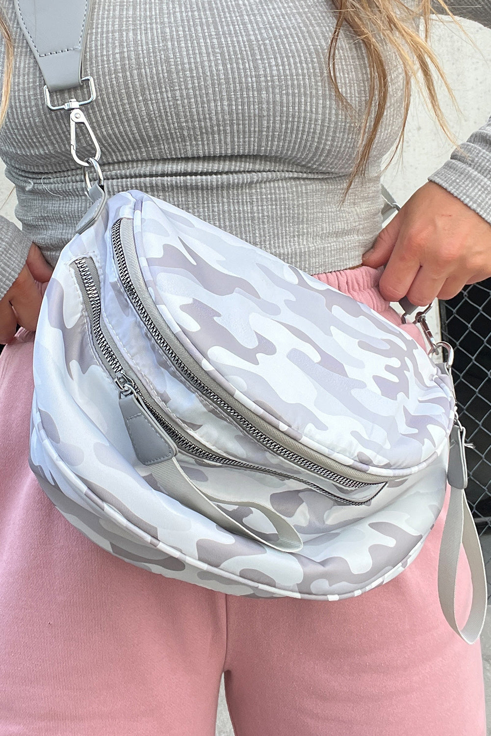 Medium Grey Abstract/ Camouflage/ Polka Dot/ Leopard Print Double Zip Fashion Crossbody Bag