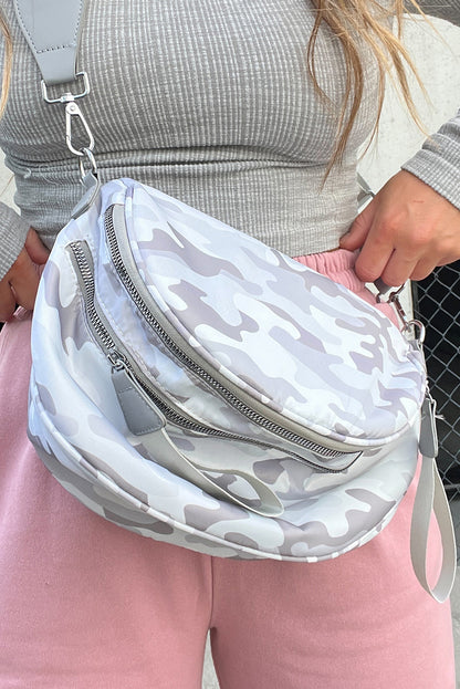 Medium Grey Abstract/ Camouflage/ Polka Dot/ Leopard Print Double Zip Fashion Crossbody Bag