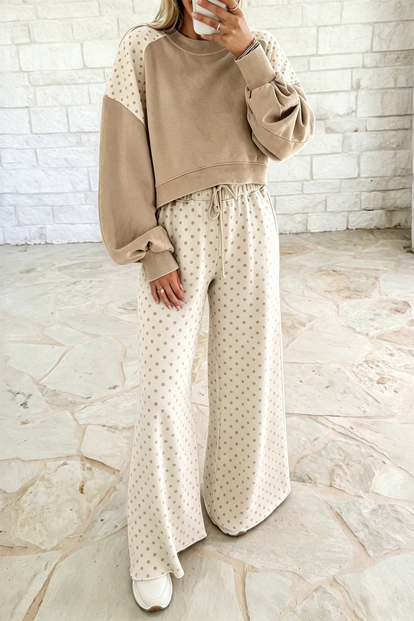 Khaki Polka Dot Patchwork Colorblock Long Sleeve Casual Two Piece Pants Set