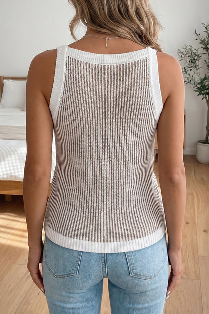 Pale Khaki Contrast Trim Ribbed Knit Sweater Tank Top