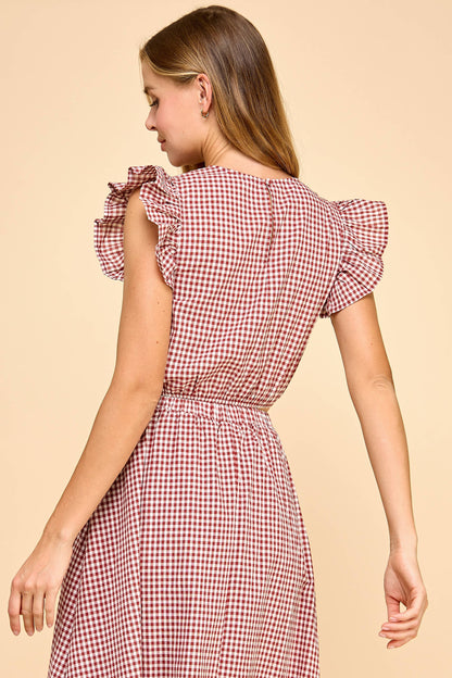 Gingham Ruffle Cap Sleeves Cropped Top